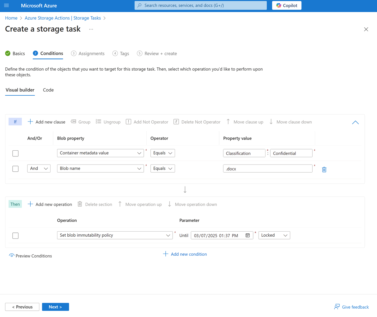 Screenshot der Registerkarte „Bedingungen“ der Erfahrung „Speicheraufgabenerstellung“.