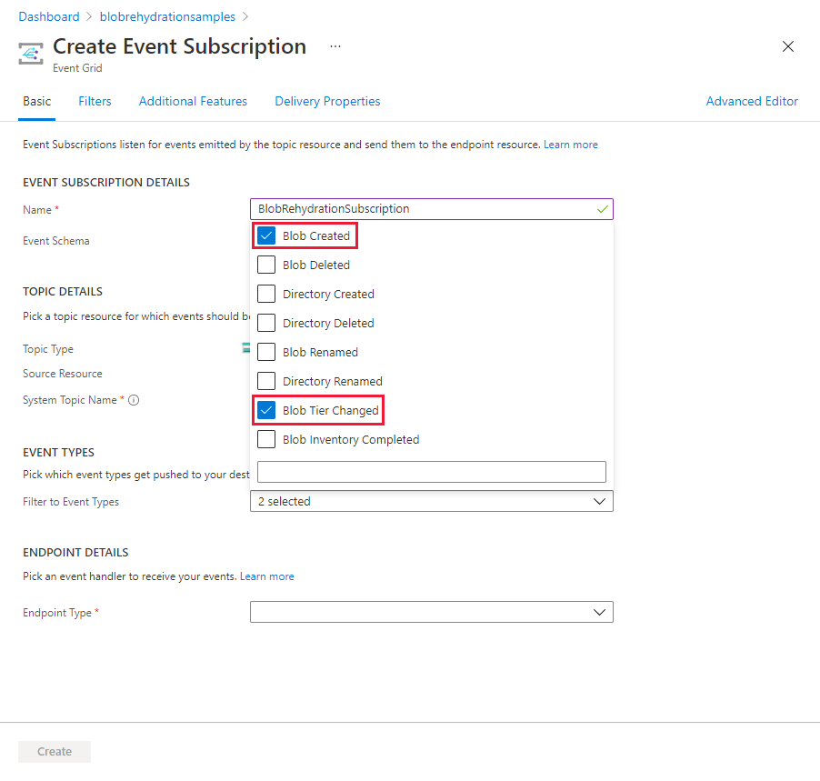 Screenshot zur Auswahl der Ereignistypen für die Blobaktivierungsereignisse im Azure-Portal
