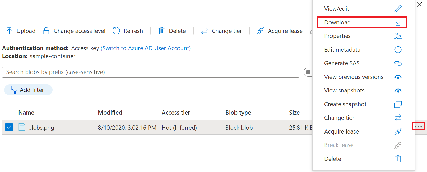 Screenshot zum Herunterladen eines Blobs im Azure-Portal