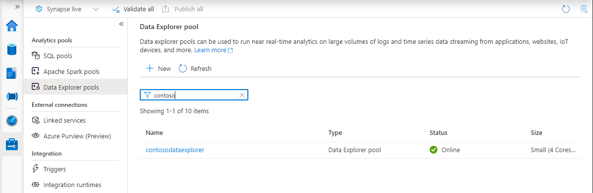 Neue Data Explorer-Poolliste in Synapse Studio