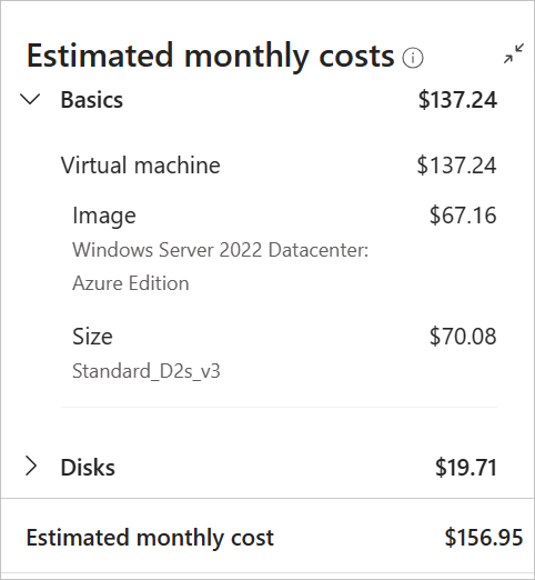 Screenshot der geschätzten Kosten für virtuelle Computer auf der Erstellungsseite im Azure-Portal.