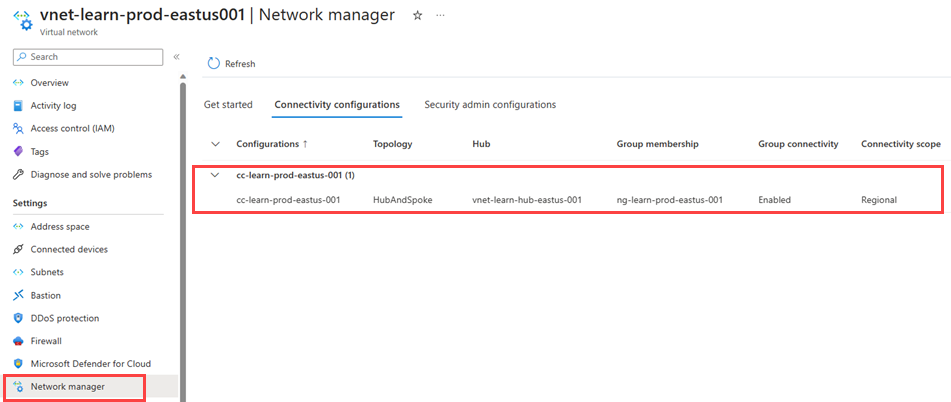 Screenshot der Konnektivitätskonfiguration, die auf das virtuelle Netzwerk angewendet wurde.
