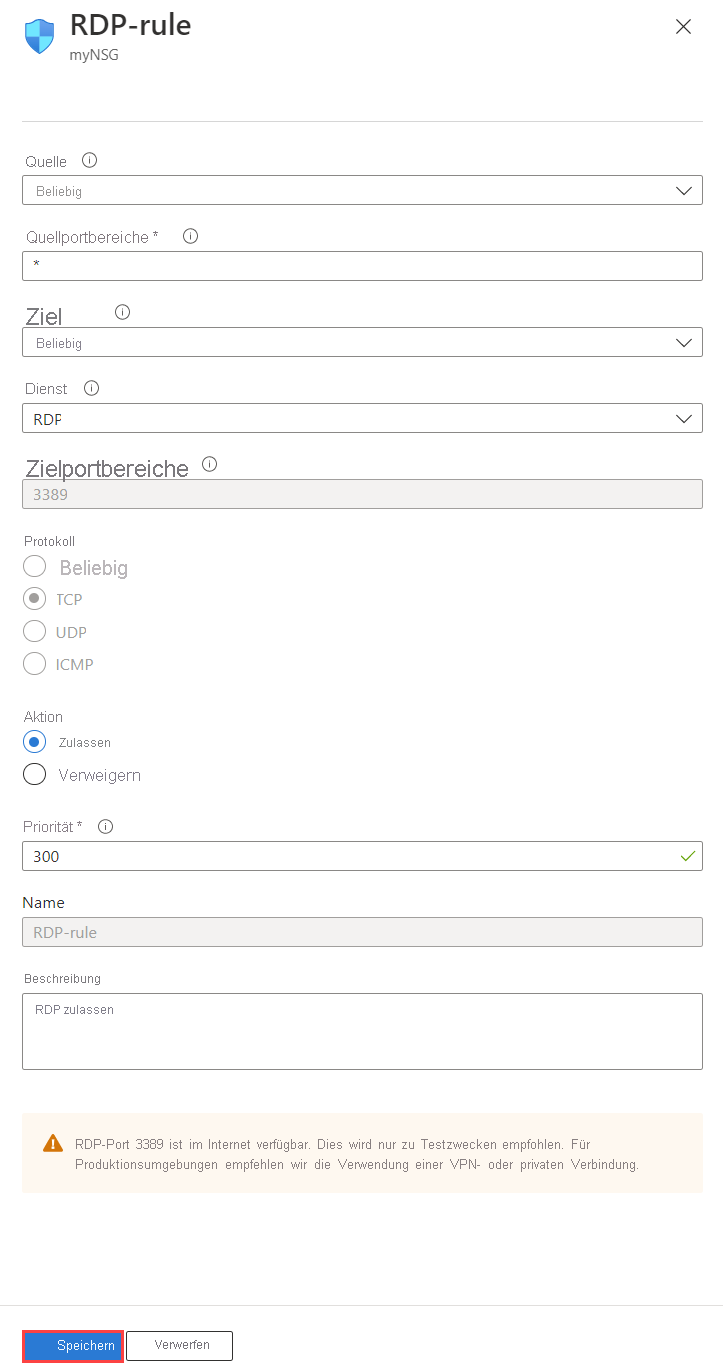 Screenshot der Änderung der Details einer eingehenden Sicherheitsregel einer Netzwerksicherheitsgruppe im Azure-Portal.