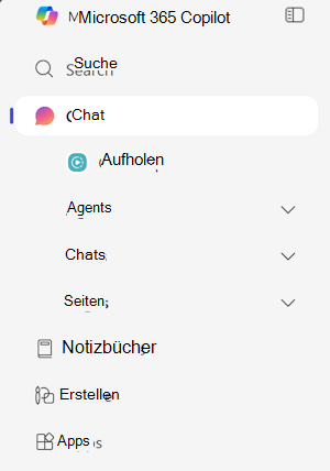 Screenshot der App Microsoft 365 Copilot linken Navigation und der zugehörigen Features für Benutzer mit einer Microsoft 365 Copilot-Lizenz.