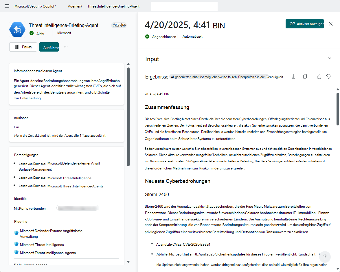 Screenshot: Beispielbericht des Threat Intelligence-Briefing-Agents.