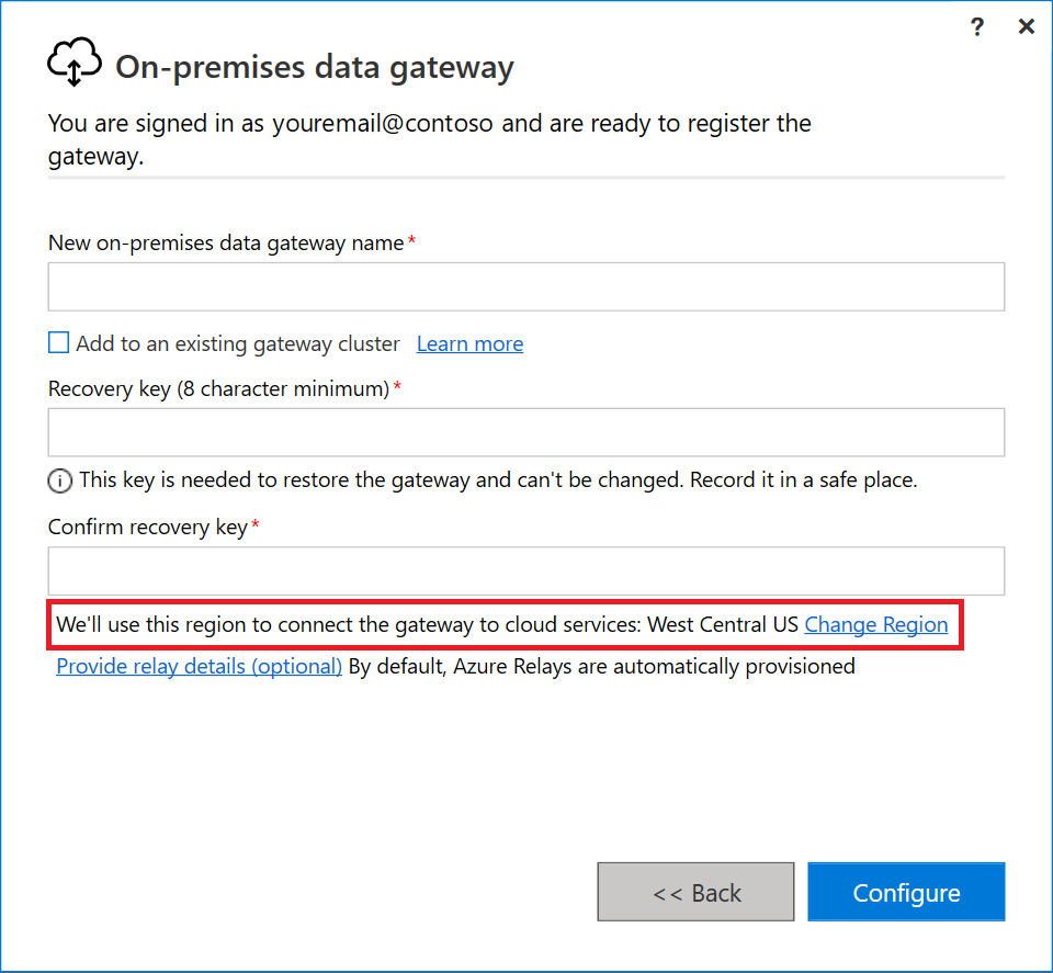 Screenshot der neuen lokalen Daten-Gateway-Registrierungsseite mit dem Bereich „Region ändern“ hervorgehoben.