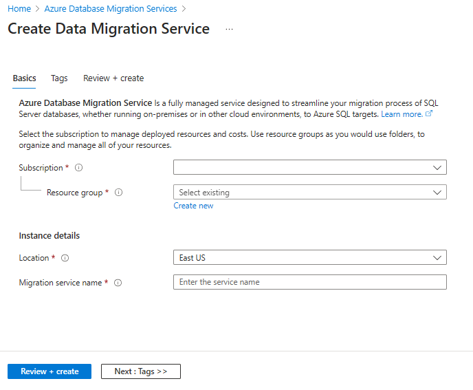 Screenshot mit Details zur erforderlichen Eingabe im Database Migration Service.