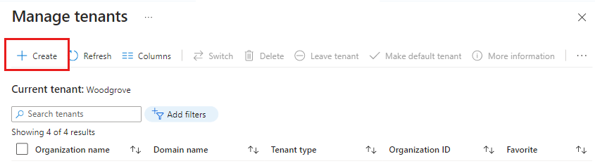 Screenshot: Option zum Erstellen des Mandanten
