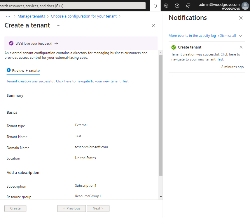 Screenshot, der den Link zum neuen Mandanten zeigt.