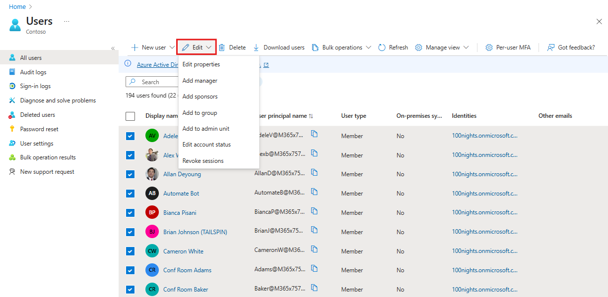 Screenshot der Optionen für mehrere Benutzereinstellungen im Microsoft Entra Admin Center.