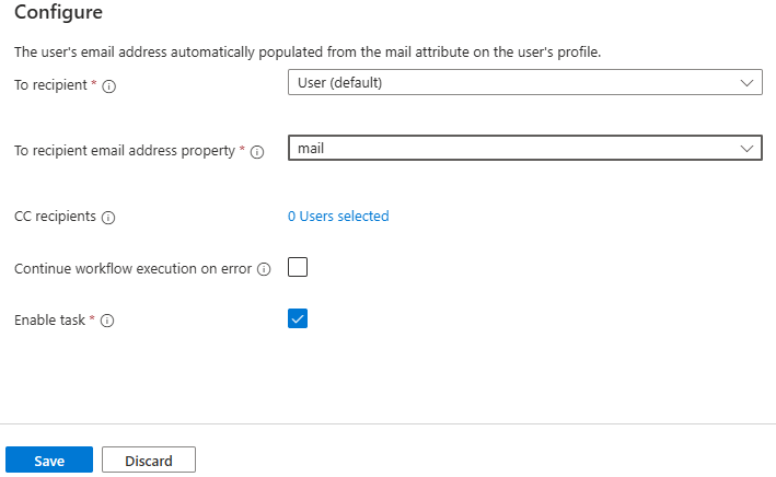 Screenshot der Empfängerlisteneigenschaft für eine E-Mail-Anpassungsaufgabe.