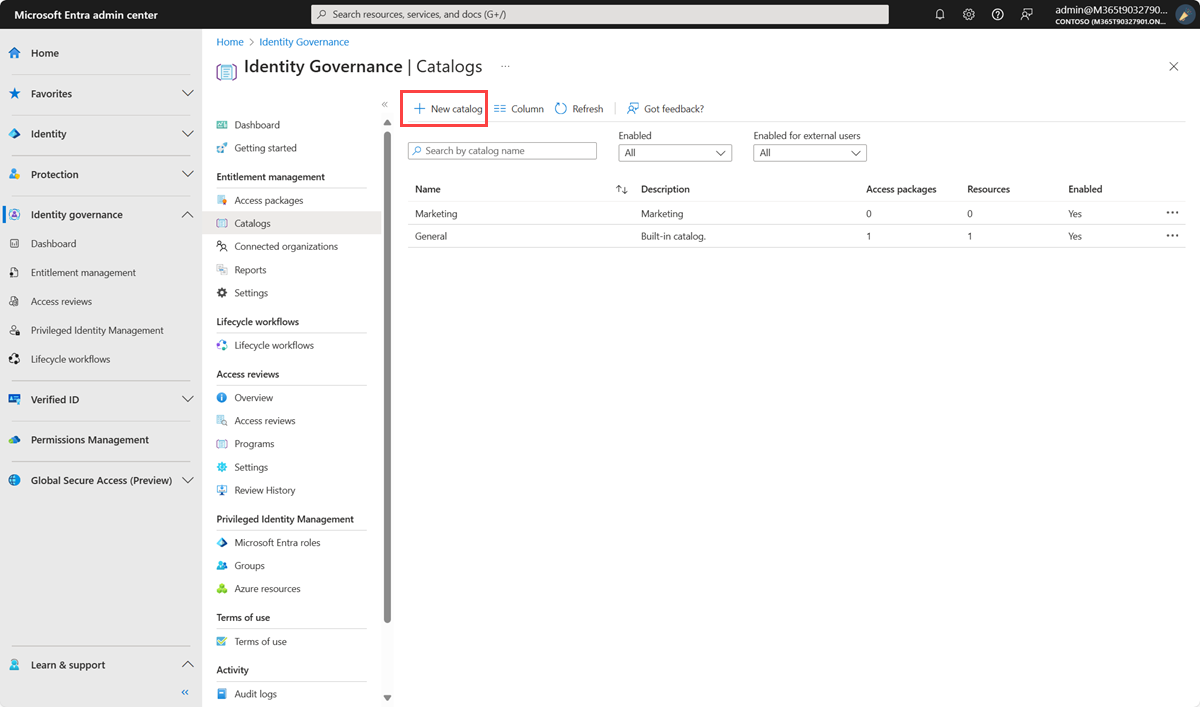 Screenshot, der Berechtigungsverwaltungskataloge im Microsoft Entra Admin Center zeigt.