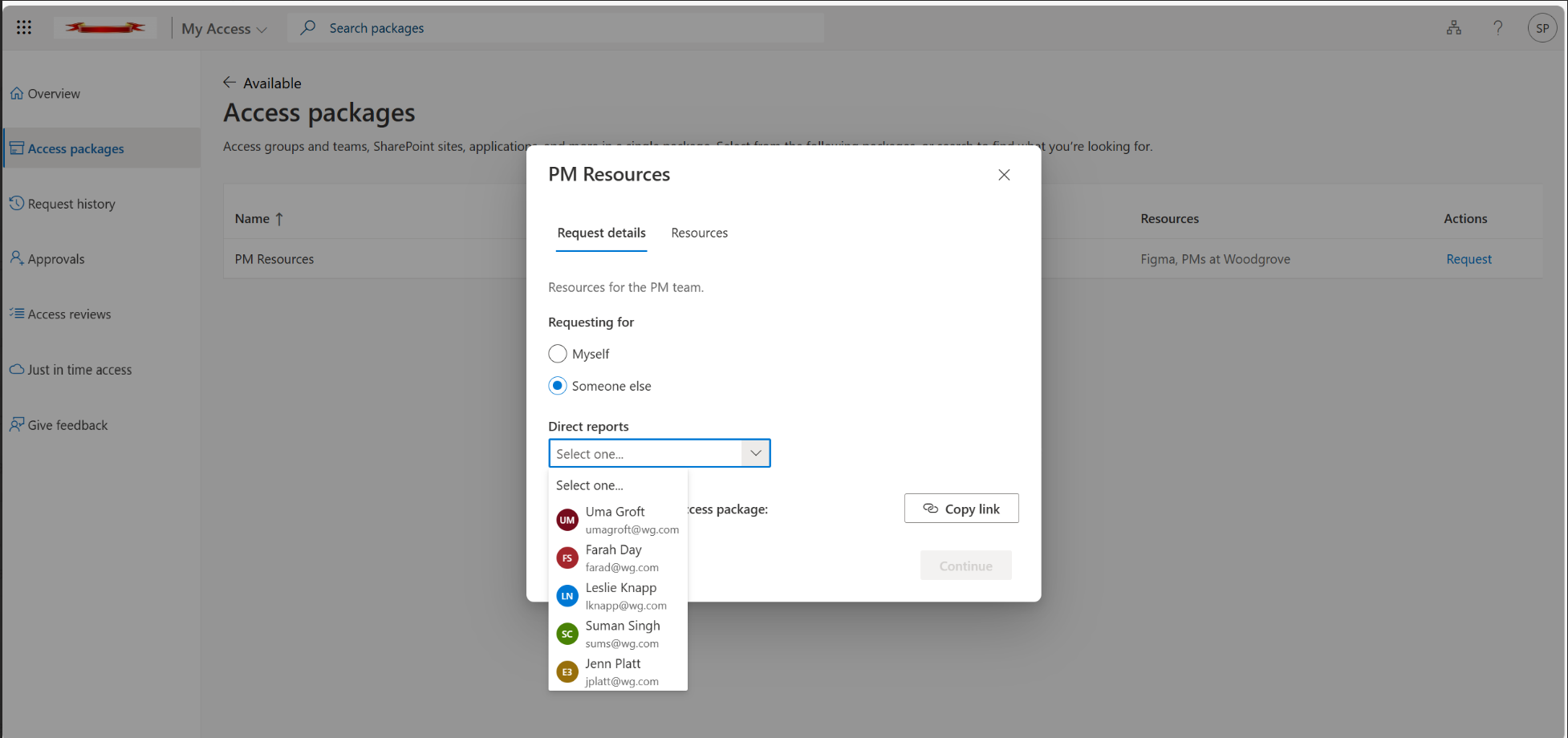 Screenshot des Vorgesetzten, der das Zugriffspaket für direkte Mitarbeiter anfordert.