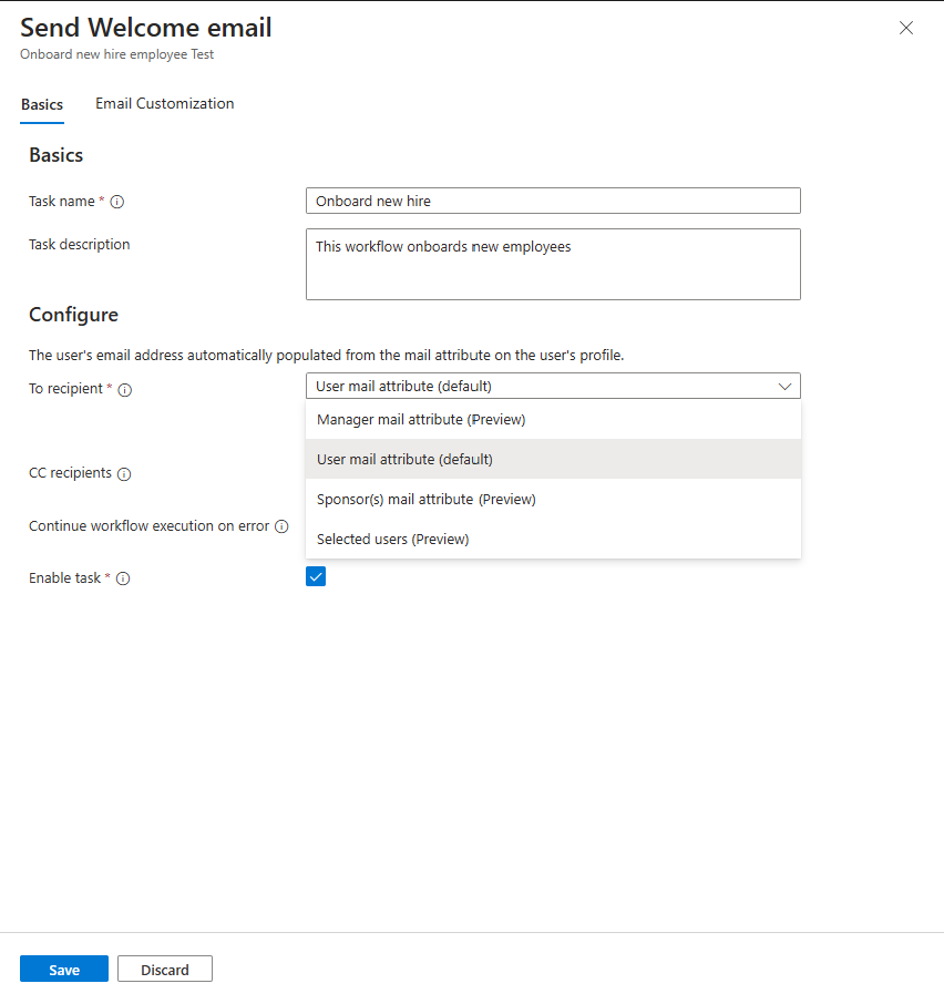 Screenshot: Grundlegende E-Mail-Aufgabenanpassung
