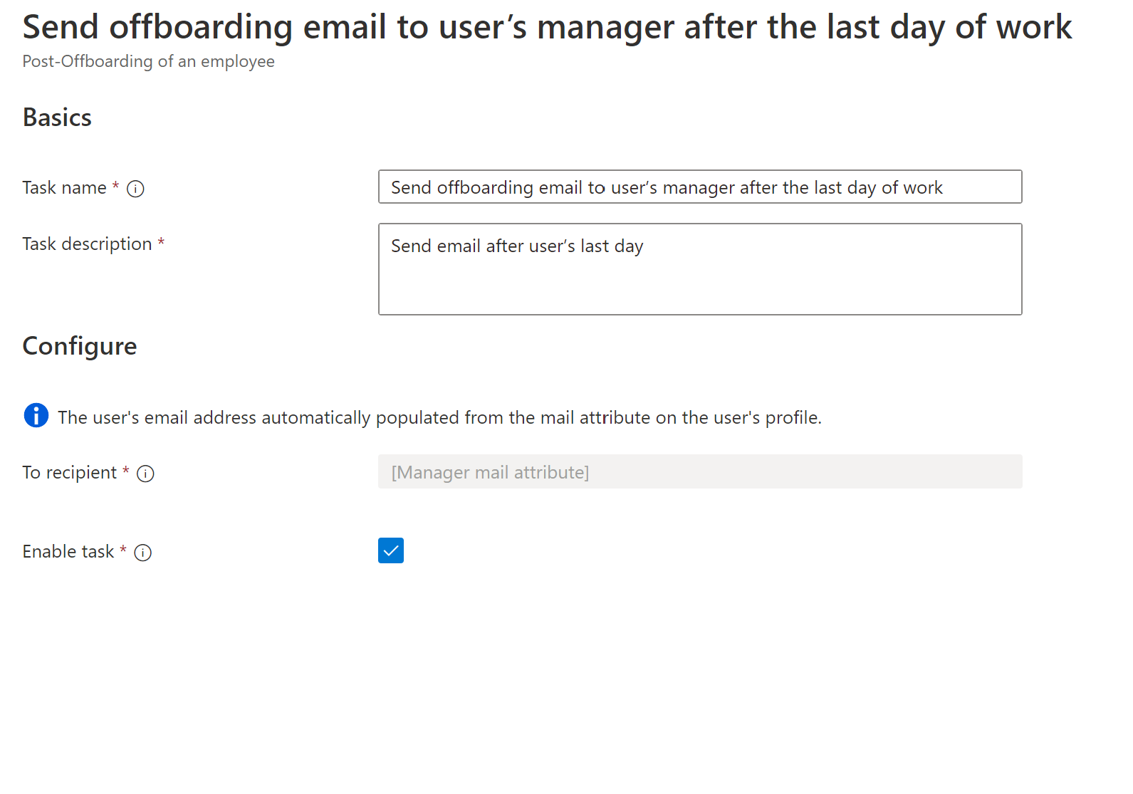 Screenshot der Workflowaufgabe: Offboarding-E-Mail an den Vorgesetzten des Benutzers nach seinem letzten Tag.