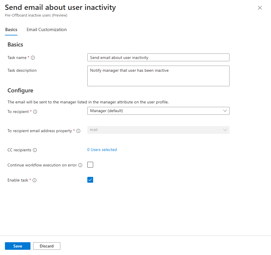 Screenshot der Workflowaufgabe: Senden von Inaktivitäts-E-Mails.