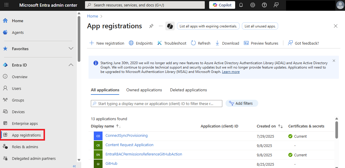 Blatt „App-Registrierungen“