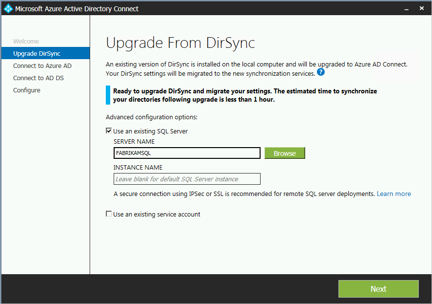 Screenshot: Vorhandener SQL-Datenbank-Server, der verwendet wird