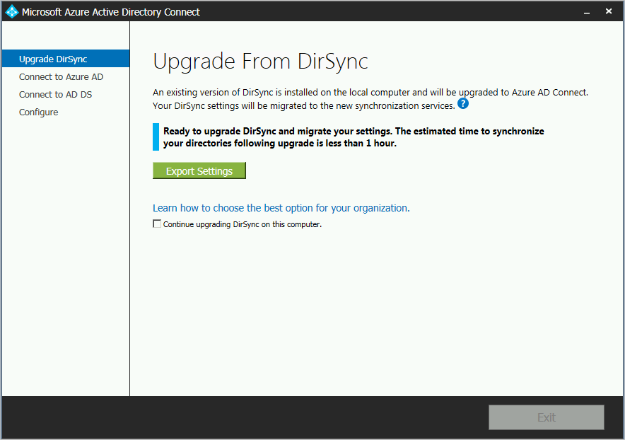 Screenshot: Option „Einstellungen exportieren“ zum Migrieren Ihrer Einstellungen zur neuen Microsoft Entra Connect-Installation