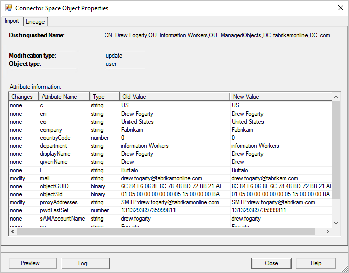 Screenshot des Eigenschaftenfensters des Connector Space Objects mit der Registerkarte Import ausgewählt