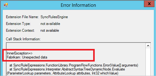 Screenshot des Synchronisierungsdienst-Managers mit Fehlerinformationen unter der Überschrift InnerException =>