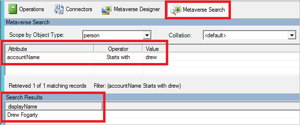 Screenshot des Synchronization Service Managers mit ausgewählter Registerkarte „Metaversesuche“