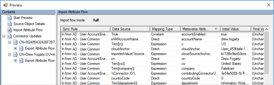 Screenshot der Seite „Vorschau“ mit dem Importflow der Attribute