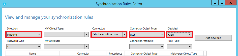 Screenshot des Synchronisierungsregel-Editors mit einer Suche nach Synchronisierungsregeln für eingehende Daten