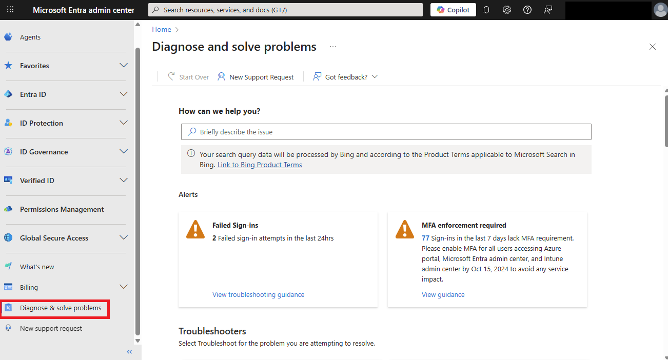 Screenshot zur Diagnose und Problembehandlung im linken Navigationsbereich.