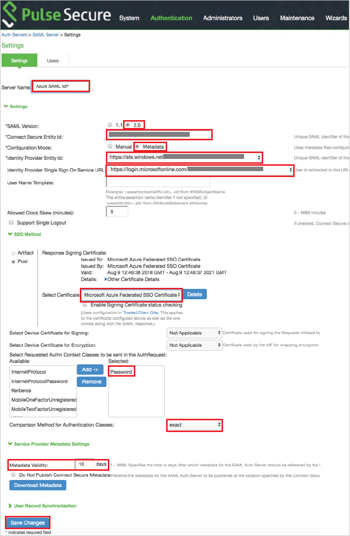 Einstellungen des Pulse Connect Secure-Authentifizierungsservers