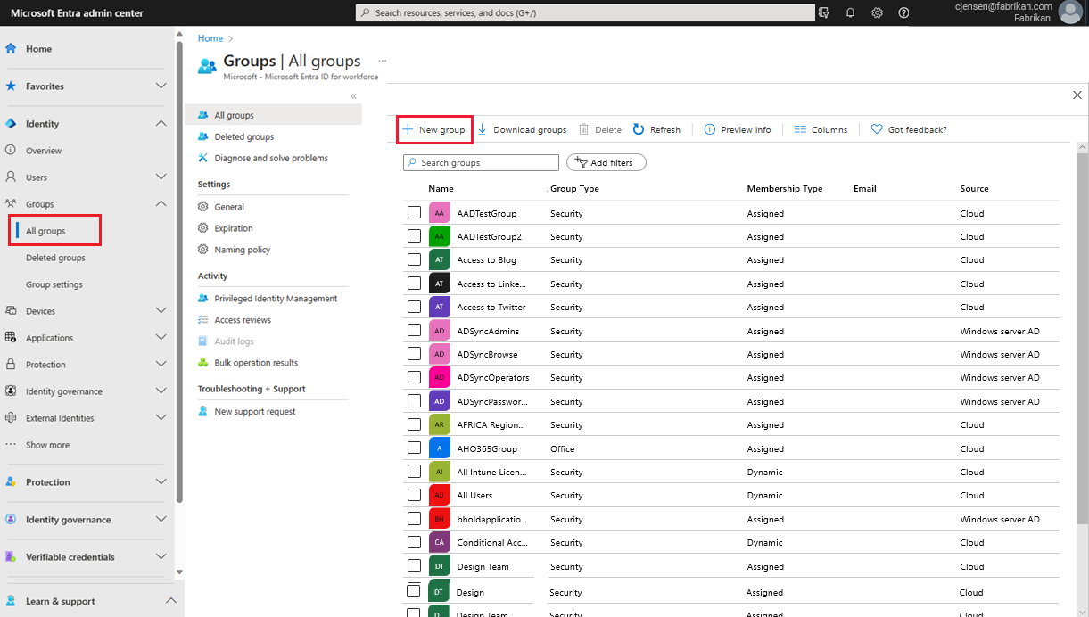 Screenshot, der die Optionen zum Hinzufügen einer neuen Gruppe zeigt.