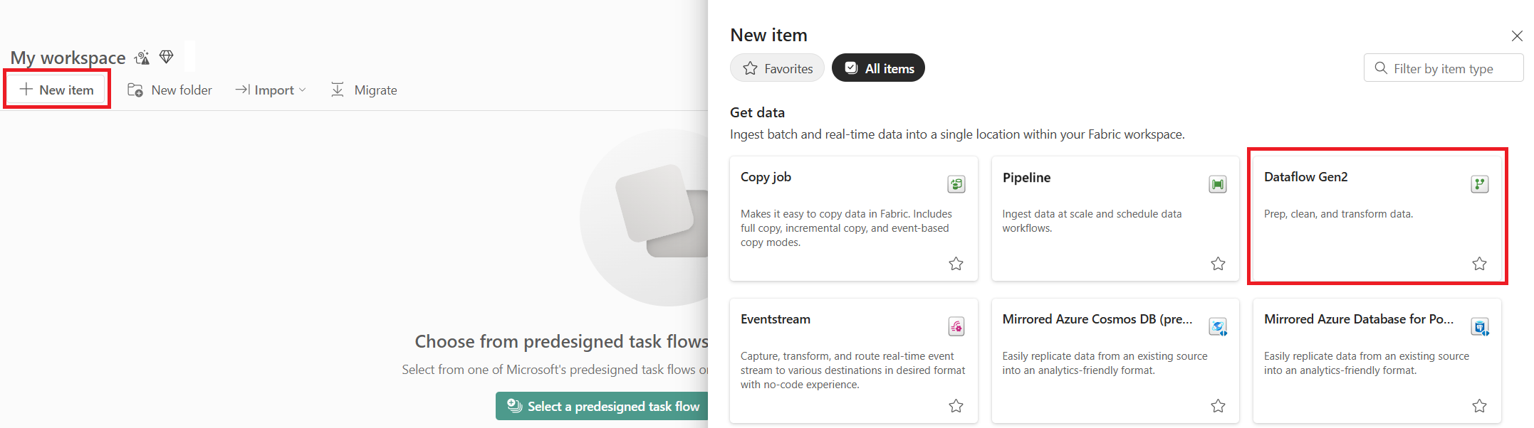 Screenshot: Hervorgehobene Auswahl von „Dataflow Gen2“