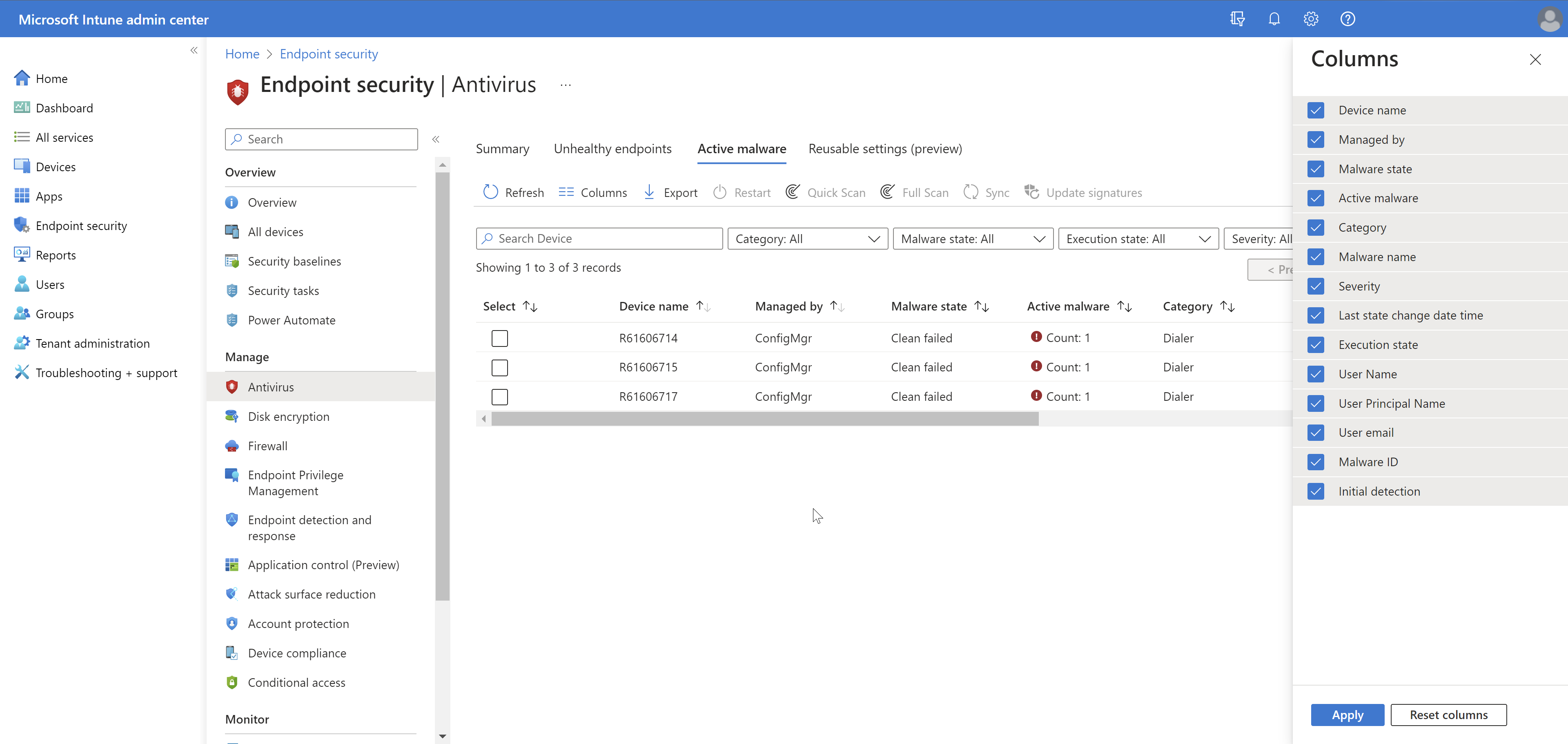 Screenshot des Aktiven Schadsoftware-Betriebsberichts in Intune Admin Center.