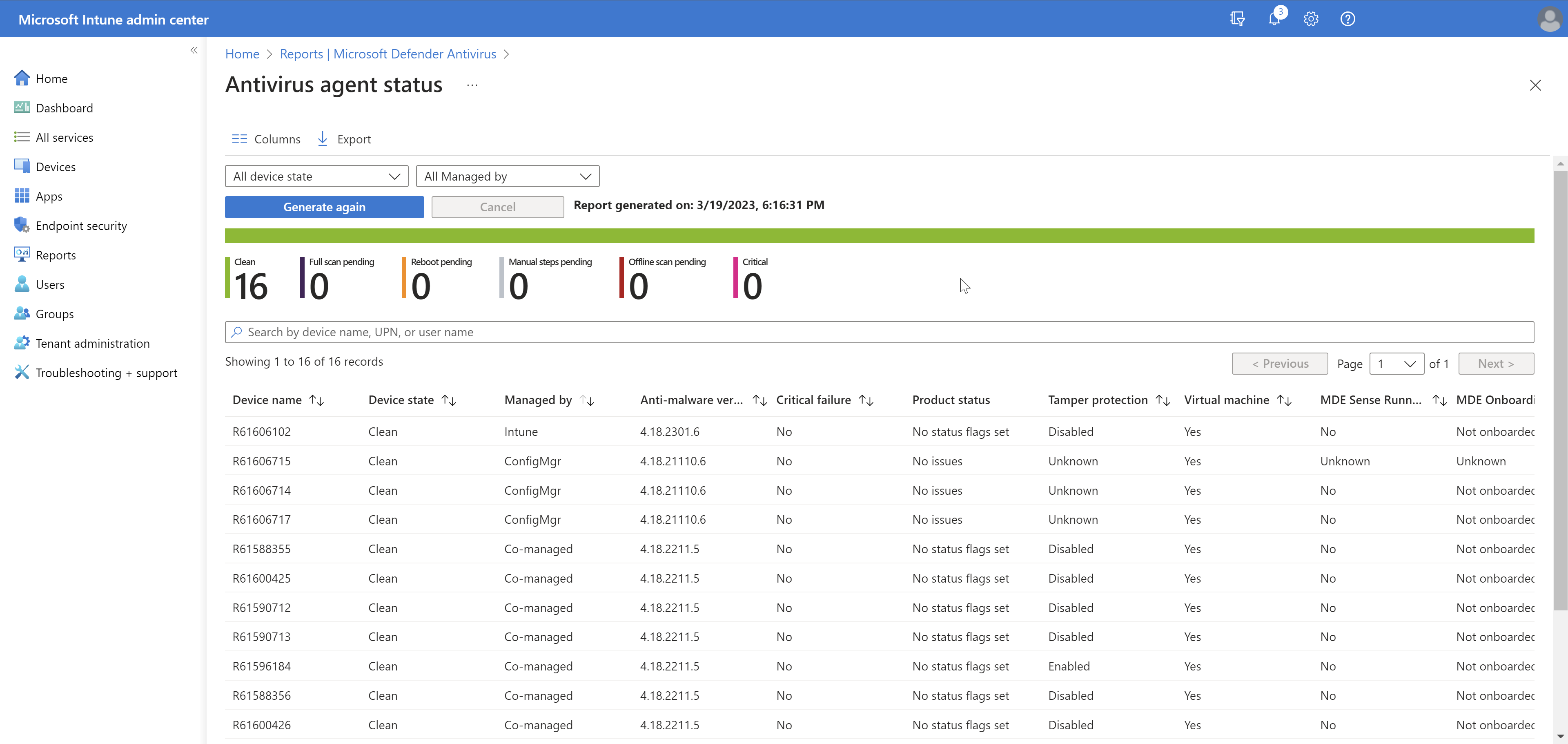 Screenshot: Bericht des Antivirus-Agents status Organisation im Intune Admin Center.