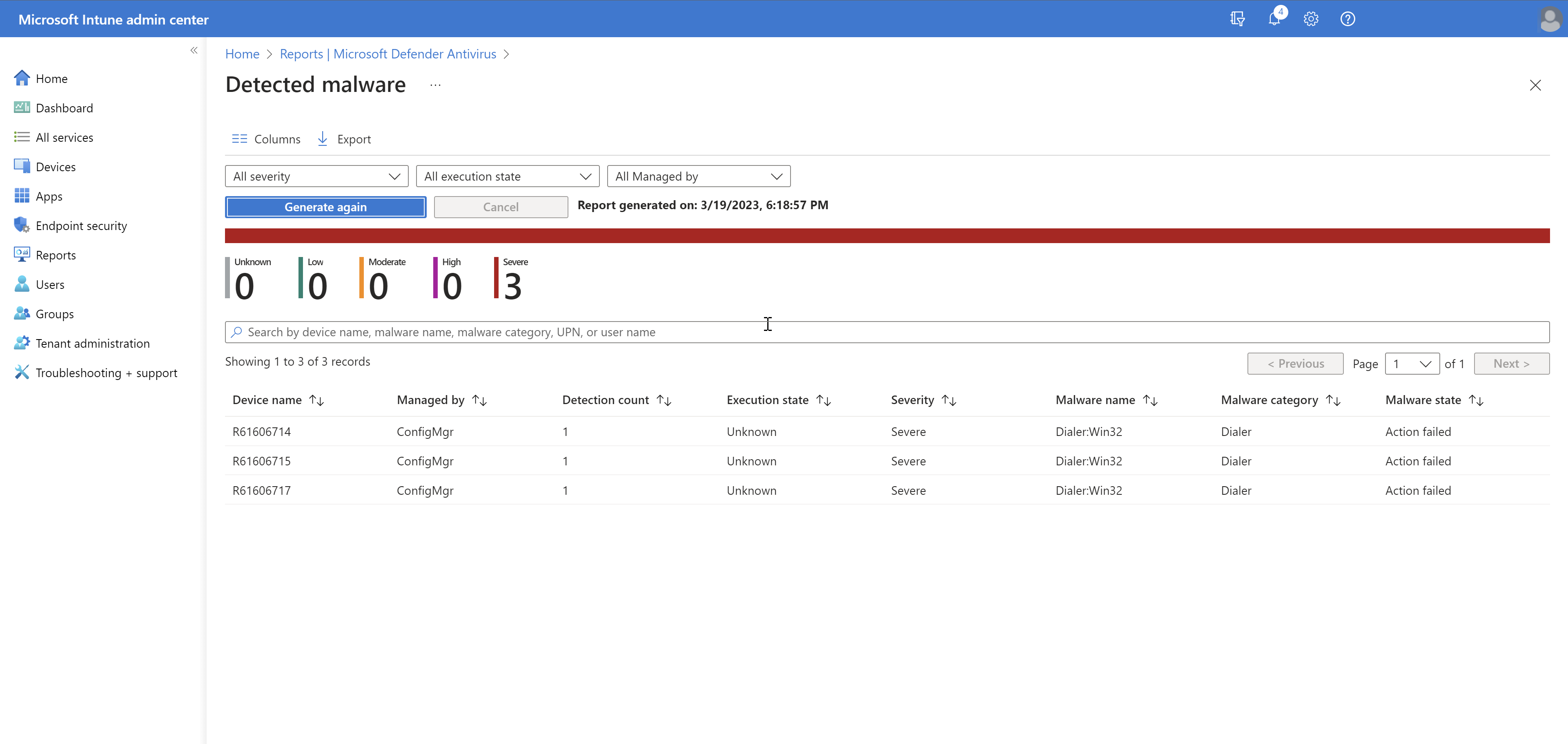 Screenshot des Organisationsberichts zu erkannter Schadsoftware in Intune Admin Center.