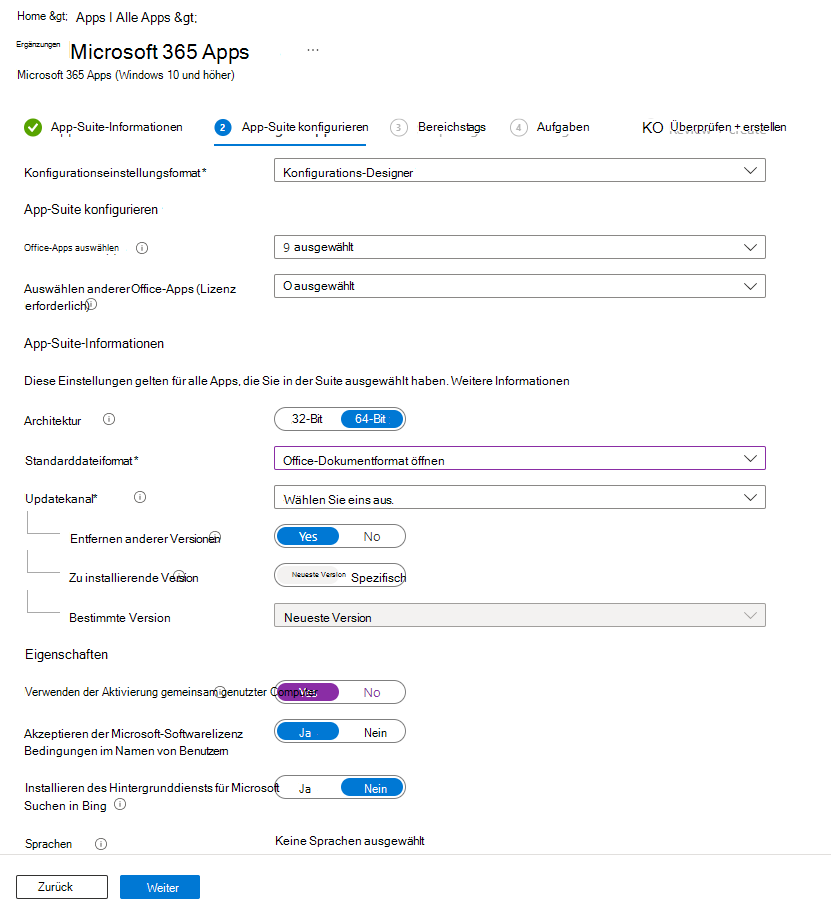 Screenshot: Hinzufügen von Microsoft 365 Apps – Konfigurations-Designer.