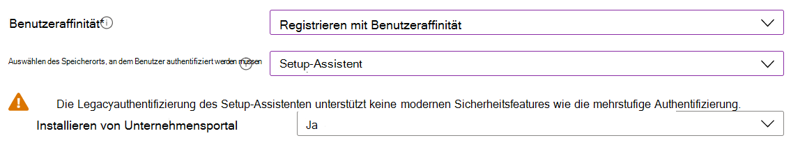 Registrieren Sie iOS-/iPadOS-Geräte mithilfe von Apple Configurator im Intune Admin Center und Microsoft Intune. Wählen Sie Mit Benutzeraffinität registrieren aus, verwenden Sie den Setup-Assistenten für die Authentifizierung, und installieren Sie die Unternehmensportal-App.