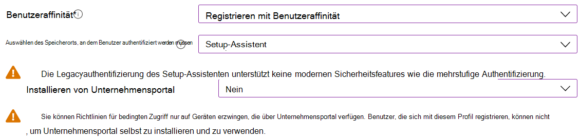 Registrieren Sie iOS-/iPadOS-Geräte mithilfe von Apple Configurator im Intune Admin Center und Microsoft Intune. Wählen Sie Mit Benutzeraffinität registrieren aus, verwenden Sie den Setup-Assistenten für die Authentifizierung, und installieren Sie die Unternehmensportal App nicht.