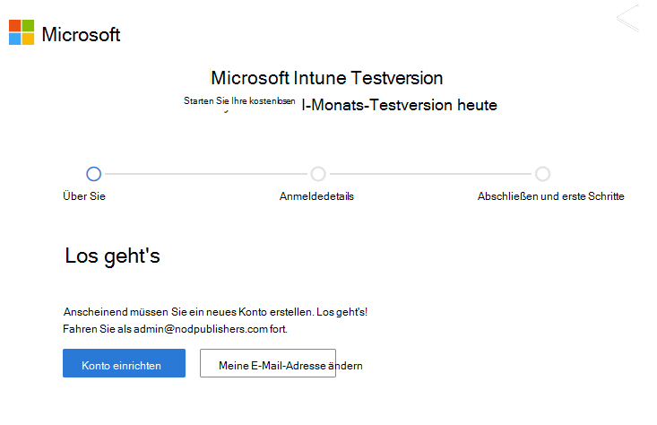 Screenshot: Seite „Konto bei Microsoft Intune einrichten“ – Konto einrichten