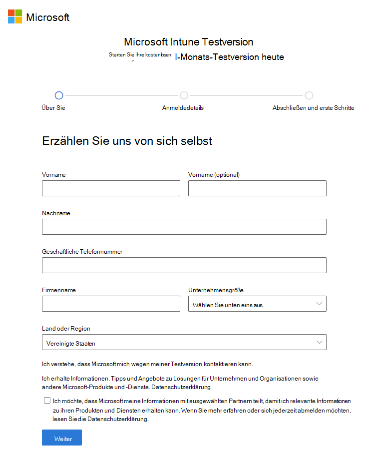 Screenshot: Seite „Konto bei Microsoft Intune einrichten“ – Kontodaten eingeben