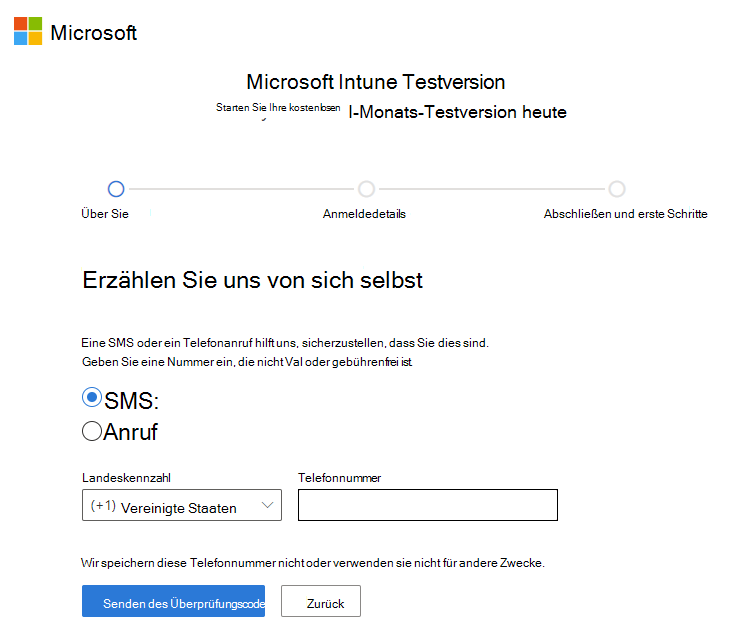 Screenshot: Seite „Konto bei Microsoft Intune einrichten“ – Überprüfungscode senden