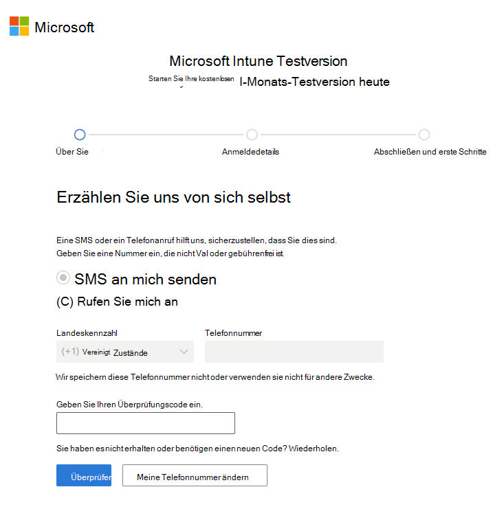 Screenshot: Seite „Konto bei Microsoft Intune einrichten“ – Code überprüfen