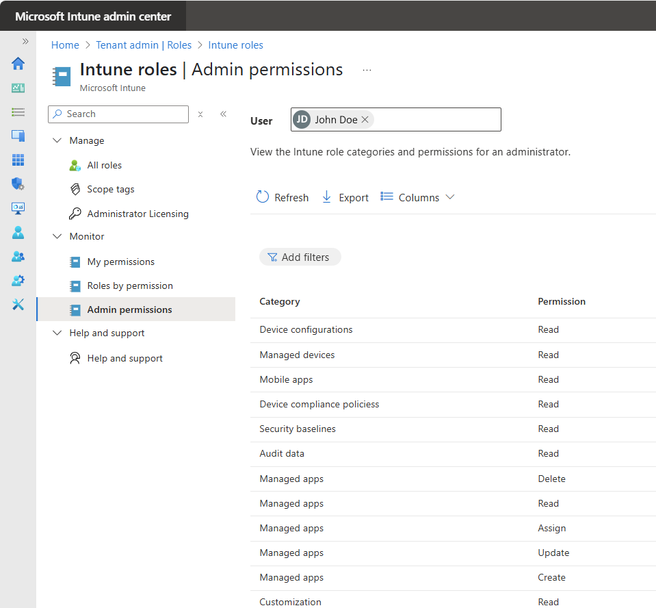 Eine Bildschirmaufnahme, die ein Beispiel für die Ansicht Admin Berechtigungen im Intune Admin Center zeigt.