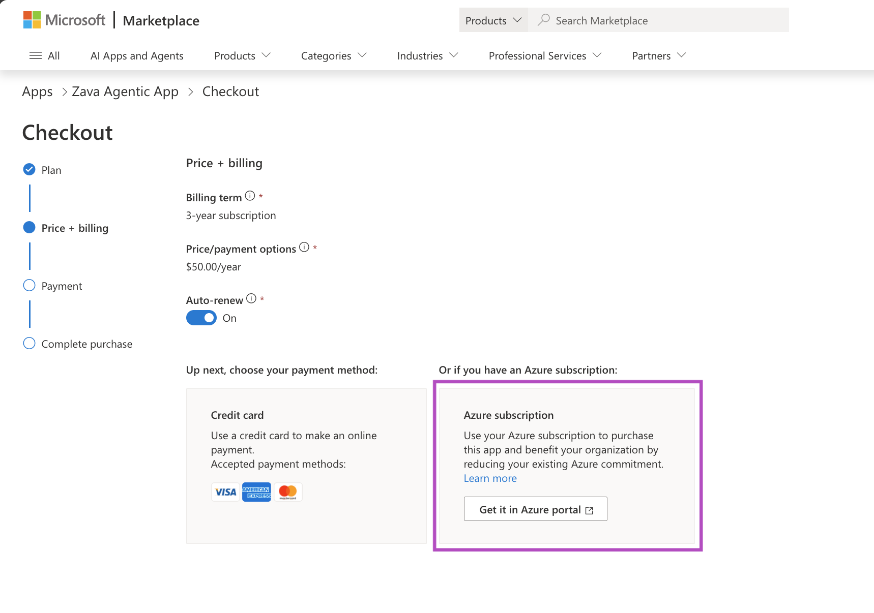 Screenshot, der die Azure-Vorteilsbezeichnung nur in Microsoft Marketplace hervorhebung.