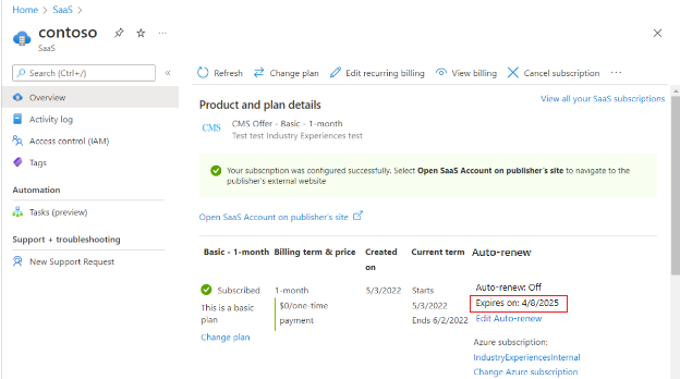 Screenshot, der das Verlängerungsdatum der SaaS-Dienste im Azure-Portal zeigt.