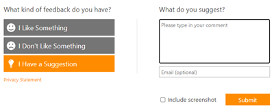 Screenshot einer Feedbackformular-Schnittstelle mit drei Optionen auf der linken Seite: