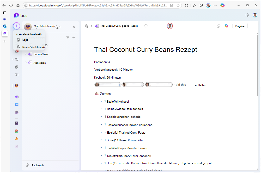 Screenshot: Benutzeroberfläche der Loop-App zum Erstellen neuer Komponenten oder Arbeitsbereiche