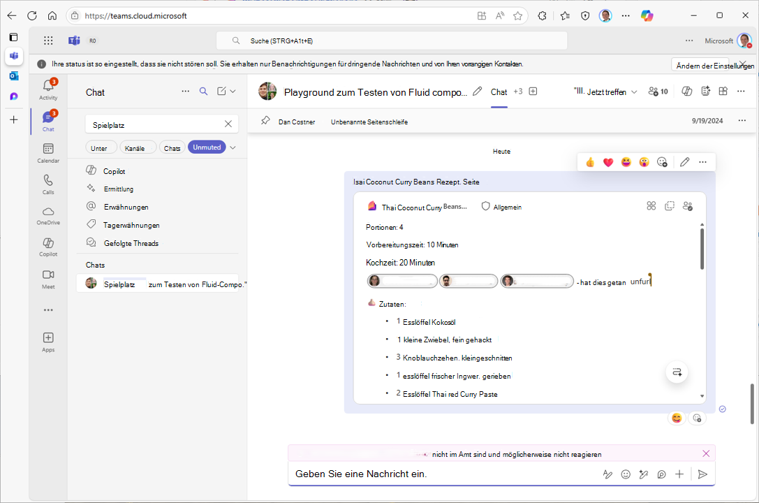 Screenshot: Eine von Teams gesendete Nachricht mit einer interaktiven Loop-Komponente