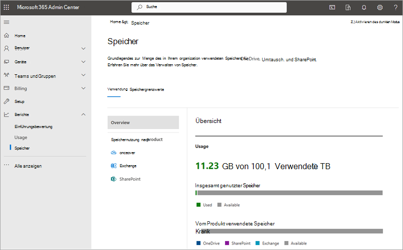 Screenshot einer Beispielansicht eines Speicherberichts.