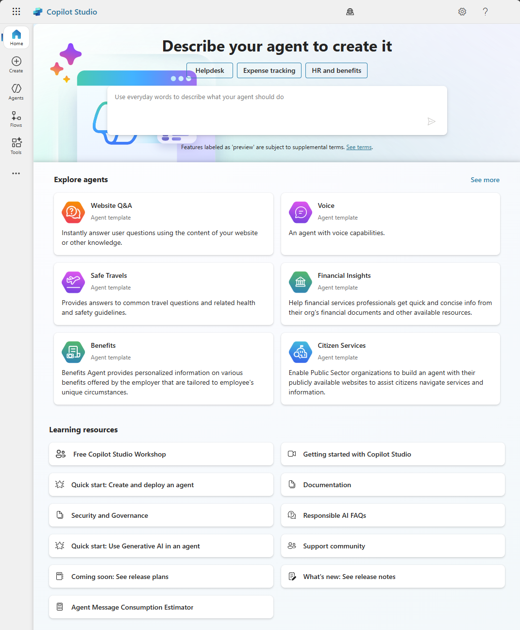 Screenshot der Copilot Studio-Startseite.